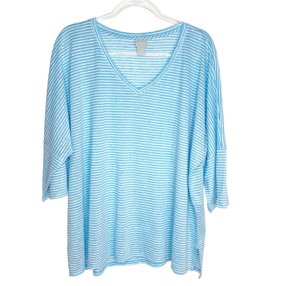 Chico’s Womens Size 3/XL Striped Linen Top Dolman Sleeves V-Neck Blue White Boxy